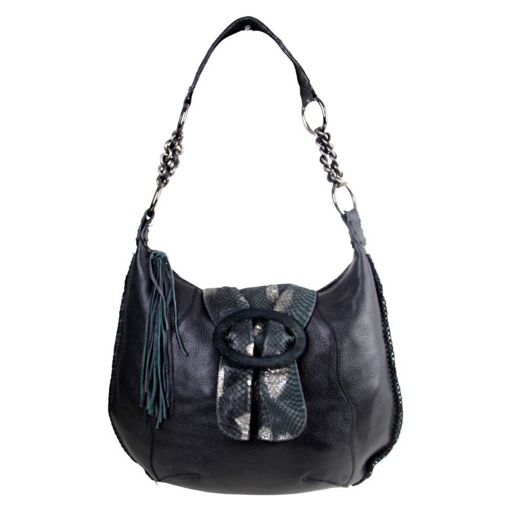 Chi by Carlos Falchi BLACK GENUINE LEATHER AND SNAKESKIN SHOULDER BAG HOBO PURSE